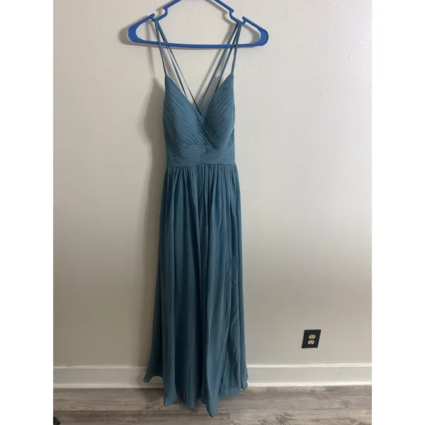 Azazie Jeanna Bridesmaid Dress Bermuda Blue Chiffon Pleated Strappy Back A8 NEW - Image 2