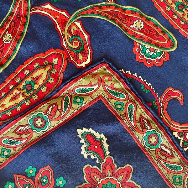 Vintage Gilded Crepe de Chine Blue Paisley Floral Silk Square Scarf Neckerchief - Image 5