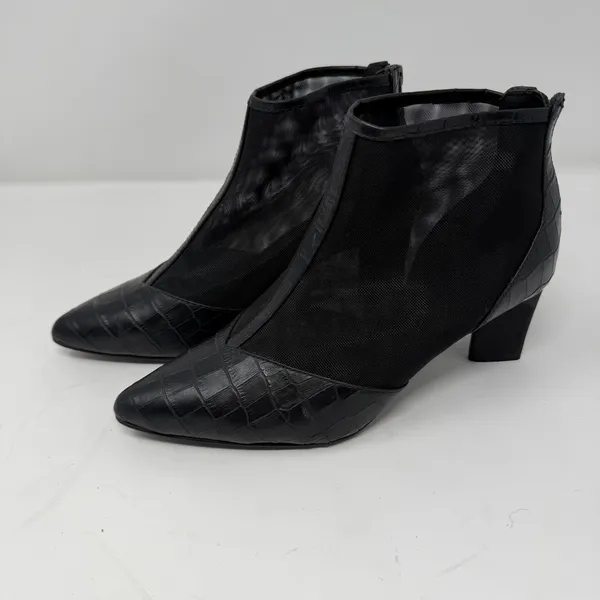 LOGO Croc Embossed Mesh Pointed Toe Block Heel Ankle Boot Black Women Size 6 - Image 6