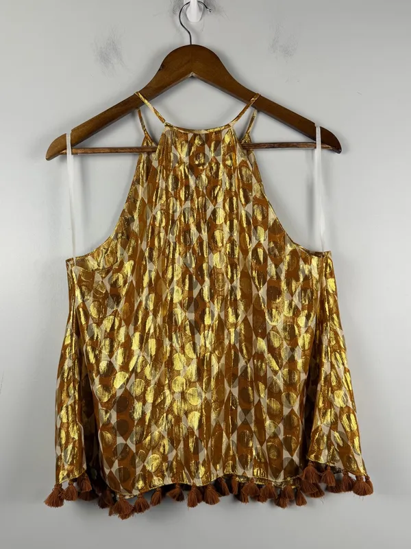 Tory Burch Danielle Gold Diamond Metalic Halter Tassel Camisole silk blend size - Image 5