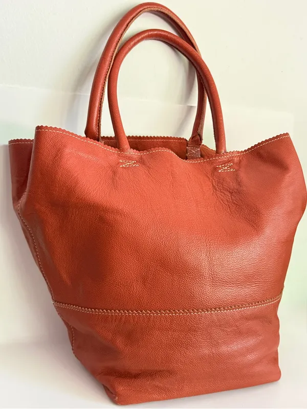 Crate & Barrel Pebbled Leather Tote Bag Orange Slouchy 2016 Limited Release - Image 2