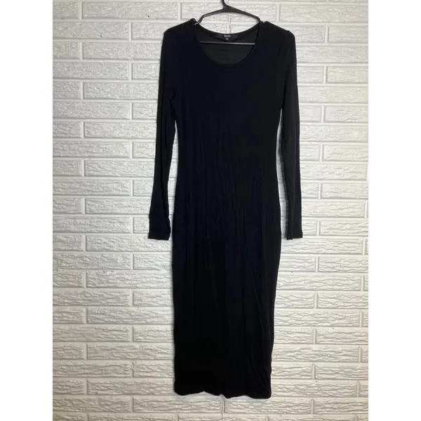 Quince Rib Knit Midi Dress Womens Small Black Excellent Tencel Long Sleeve Scoop - Image 3