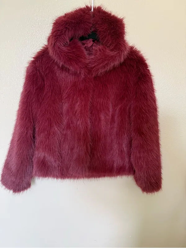 Wild Fable Burgundy Faux Fur Jacket S Y2K Mob Wife Glam Plush Coat - Image 2