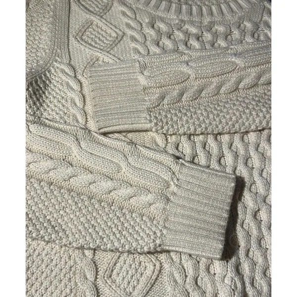 L L Bean Chunky Cable Knit Sweater Cream 3 Button Shoulder Cozycore Size Med. - Image 11