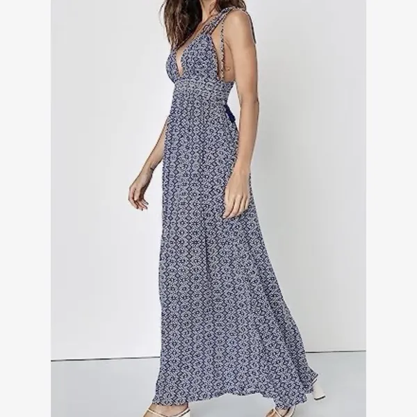 Lulus Maxi Dress Medium NWT Blue White Halter Tie Shoulder Tassel Open Back Boho - Image 3
