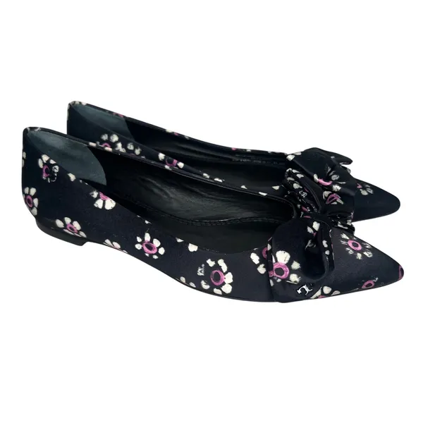 Tory Burch Black Rosalind Bow Floral Pointed Ballet Flats Size 5 - Image 2