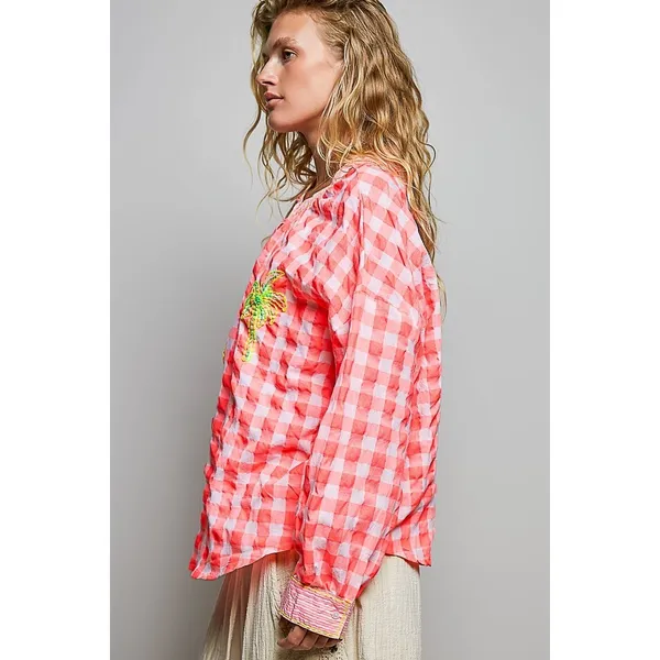 POL Gingham Embroidered Palm Tree Blouse - Pink - Medium - Image 2