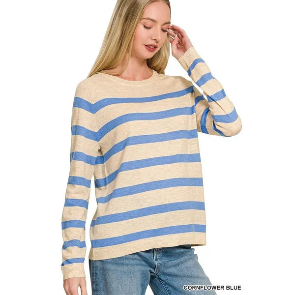 Zenana Lightweight Wool Blend Striped‎ Round Neck Sweater - Medium - Image 2