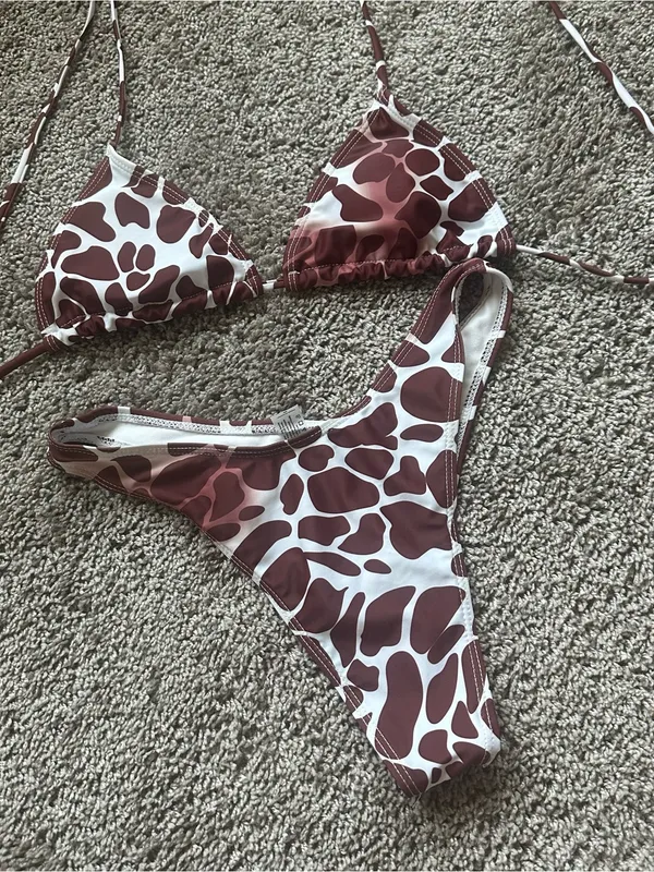 Brown and White Giraffe Print Triangle Bikini - Image 2