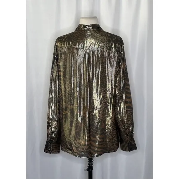 REISS Kendall Metallic Animal Print Tie Neck Blouse Gold Buttondown Size 8 - Image 8