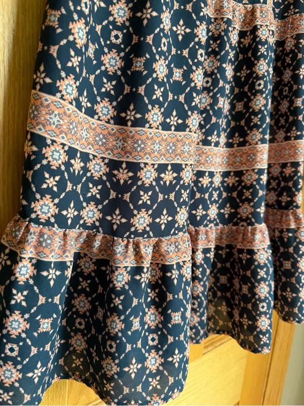 Sweet Journey Boho Tiered Mini Dress Sleeveless Geometric Print Navy Orange - Image 3