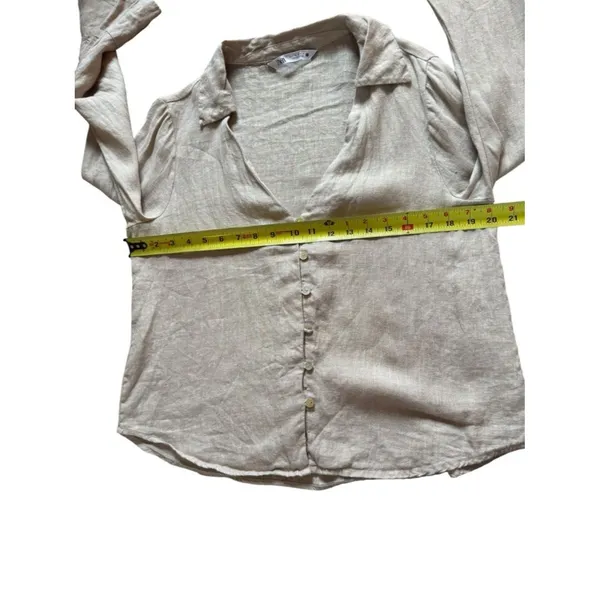 ZARA Linen Blouse Flared Bell Sleeves Button Up V Neck Beige Womens Small - Image 7