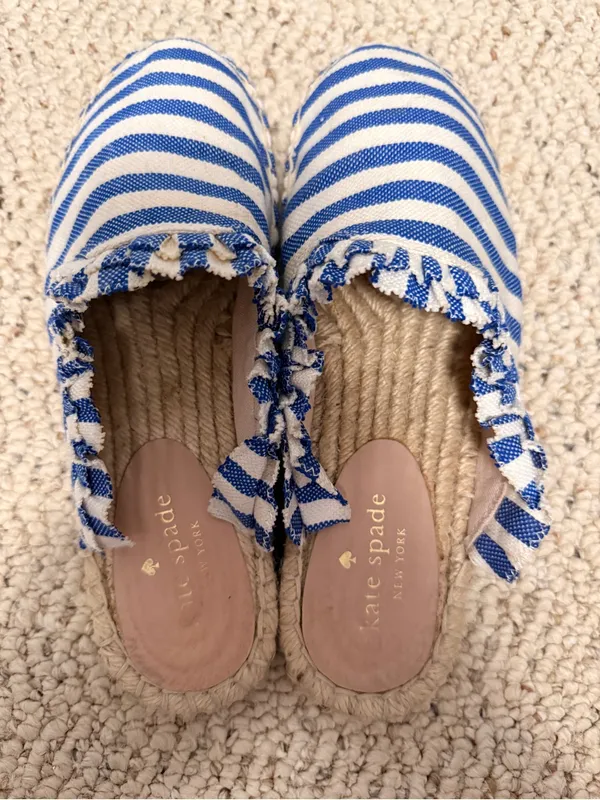 Kate Spade Laila Blue White Striped Espadrille Mule Slides Ruffle Trim Size‎ 7.5 - Image 3