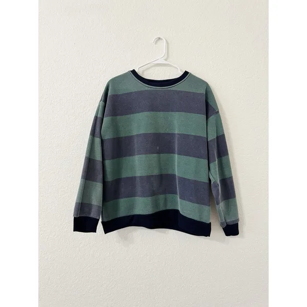 Amazon First Love Green Navy Striped Fleece Sweatshirt Pullover Large - Image 2