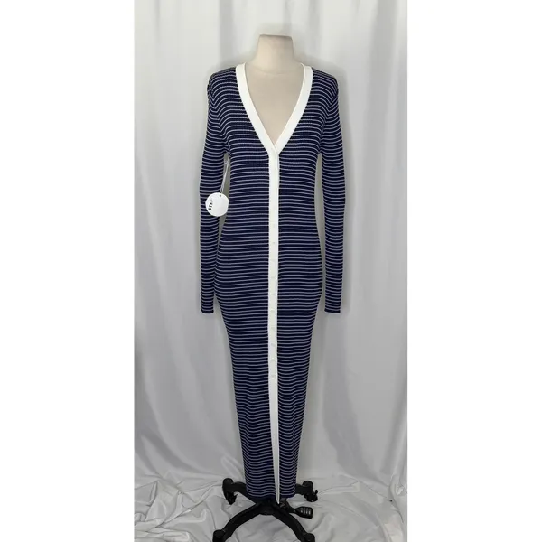 NWT!! STAUD Shoko Stripe Long Sleeve Sweater Dress Navy Blue White Striped Large - Image 2