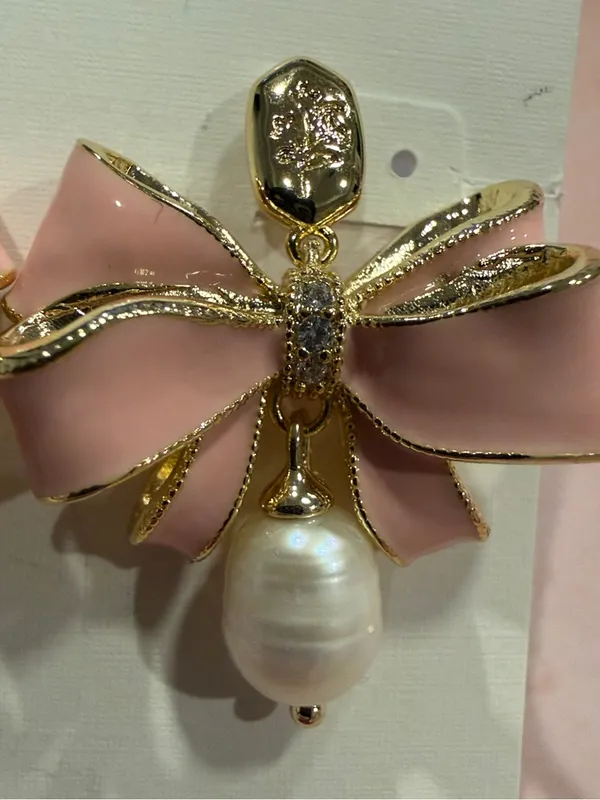 Kendra Scott | Gold Plated & Pink Enamel Bow Earrings with Pearl Drop | Medium - Image 5