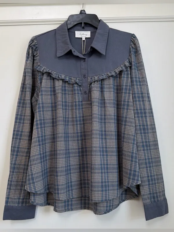 in february Moonlight Blue Plaid Mixed Media Ruffle Yoke Cotton Top Size M NWT - Image 3