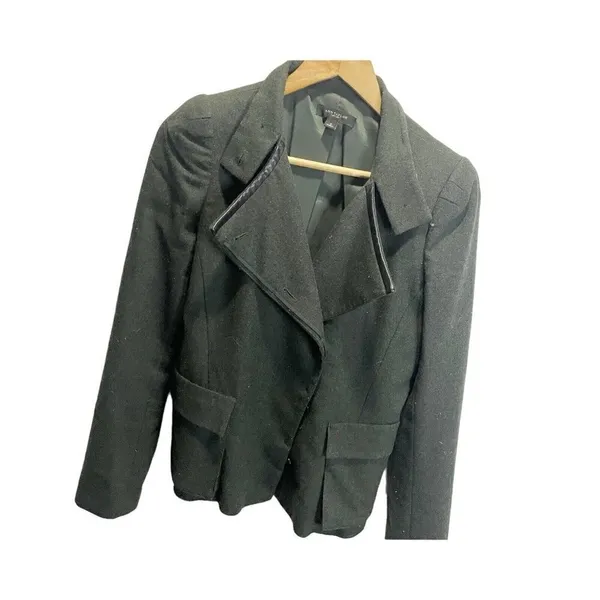 Ann Taylor‎ Blazer Women 4 Green Wool Blend Faux Leather Trim Asymmetric Career - Image 2