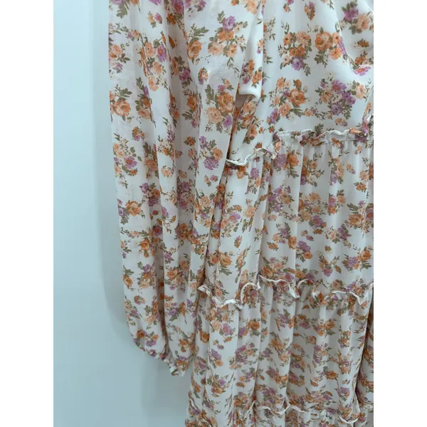 Orange Pink Microfloral Long Sleeve Boho Peasant Mini Dress Ruffle‎ Summer Sz M - Image 5