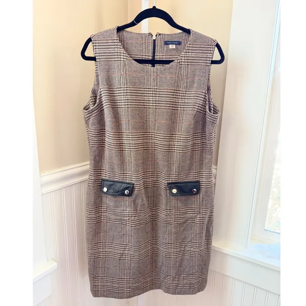 Tommy Hilfiger Glen Plaid Faux Leather Trim Sheath Dress Brown Orange Size 14 - Image 2