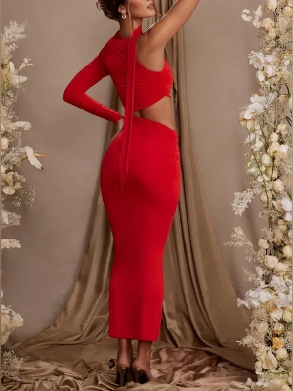 Oh Polly Adoria Single Sleeve Red Cutout Midi Maxi Dress US 6 - Image 2