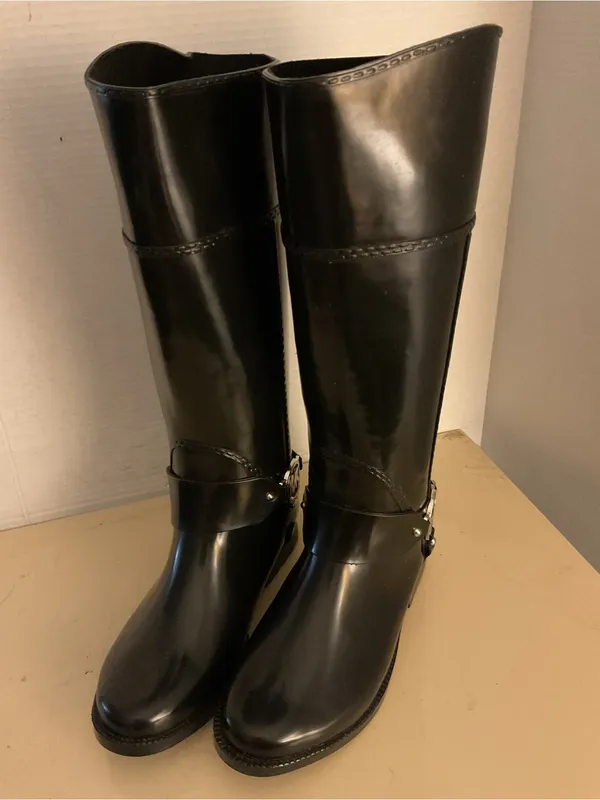 Michael Kors women Glossy Black Tall MK Logo Fulton harness Rain Boots US 8 - Image 3