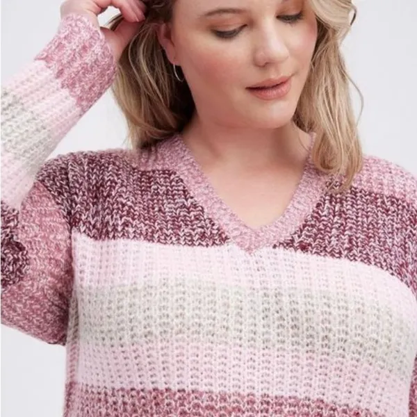 Torrid Pullover‎ Slouchy V-Neck Tunic Sweater Chunky pink ombre Stripe M/10/00 - Image 6