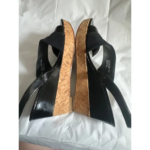 Franco Sarto Blink Black Patent Leather Cork Wedge Slingback Sandals Women 8M - Image 2