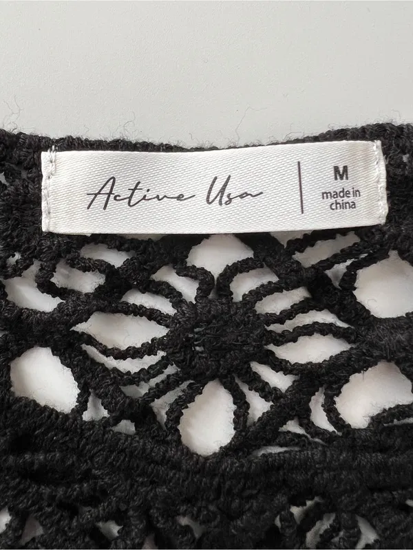 Active USA Black Crochet Lace Crop Top Size M Sheer Boho 100% Cotton - Image 4