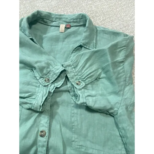 Pilcro Anthropologie Green Linen Blend Short Sleeve Button Up Cropped Shirt S - Image 15