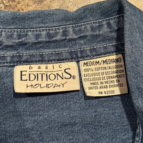 Vintage Basic Editions Holiday Top Denim Embroidered Festive 90s Button Medium Blue - Image 3