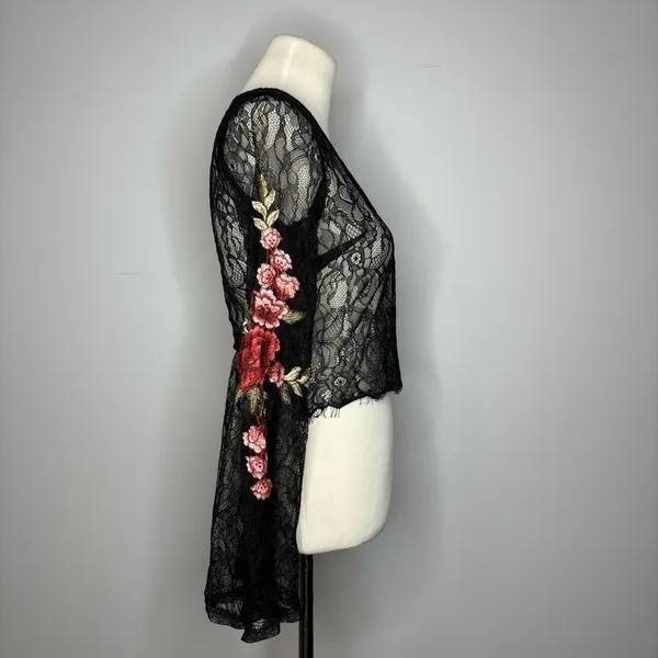 Forever 21- Black V-Neck Mesh Long Sleeve Top w/Floral Details - Image 2