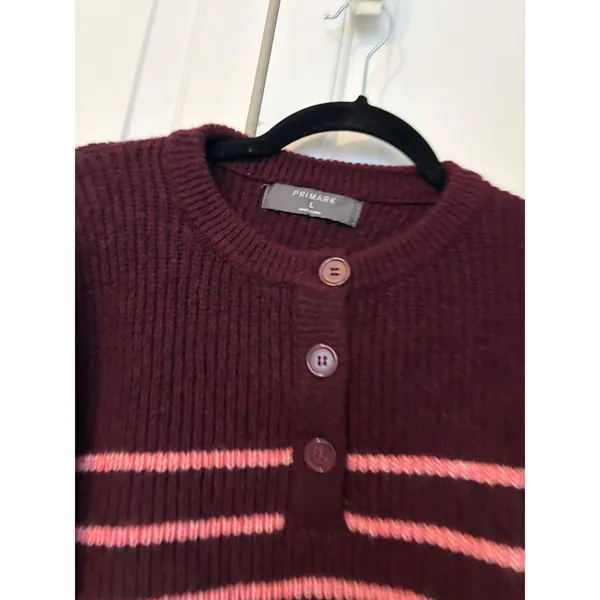 Primark Womens Henley‎ Striped Ribbed Knit Wool Blend Sweater Burgundy Pink L - Image 3