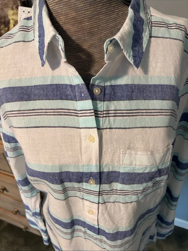 GAP Blue Linen Striped Button-Down Long Sleeve Shirt - Image 7