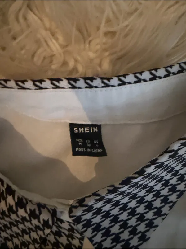 Shein Women's Two-Tone Houndstooth Contrast Button-Up Shirt - White/Black - Image 8