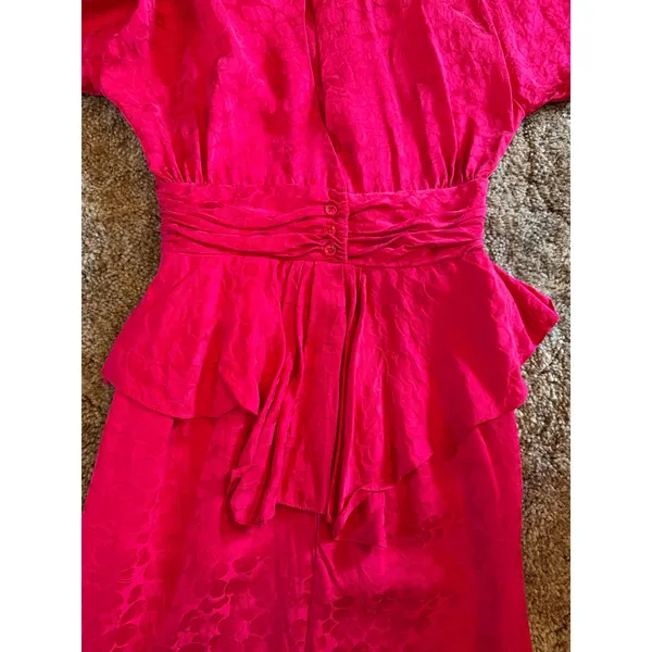 Vintage 1980s Argenti 100% Pure Silk Peplum Dress Tomato Red Jacquard Keyhole - Image 8