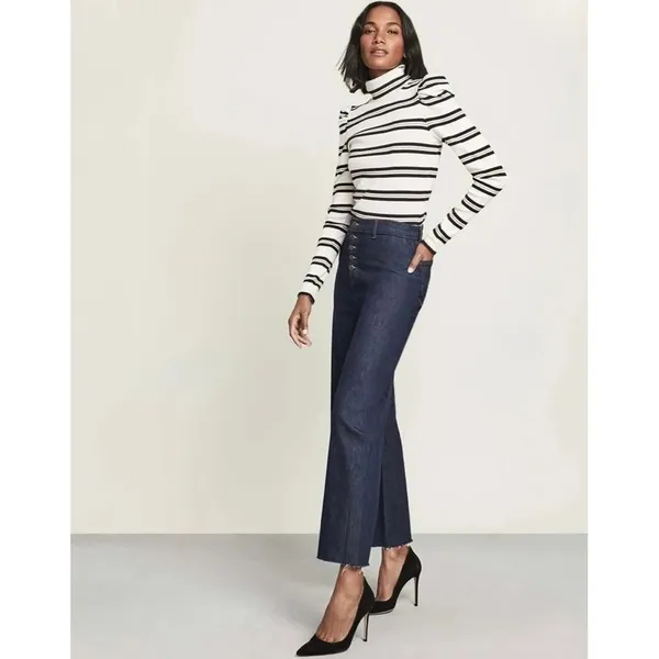 VERONICA BEARD Grant Wide Leg Jean Indigo Blue High Rise Button-Fly Raw Hem 31‎ - Image 5