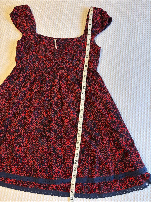 FREE PEOPLE Tabitha Smocked Mini Dress MEDIUM Red Navy Blue Floral - Image 13