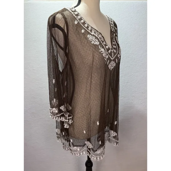 Sundance Brown Mesh Embroidered Tunic Top V-Neck 3/4 Sleeve Boho Floral Large - Image 6