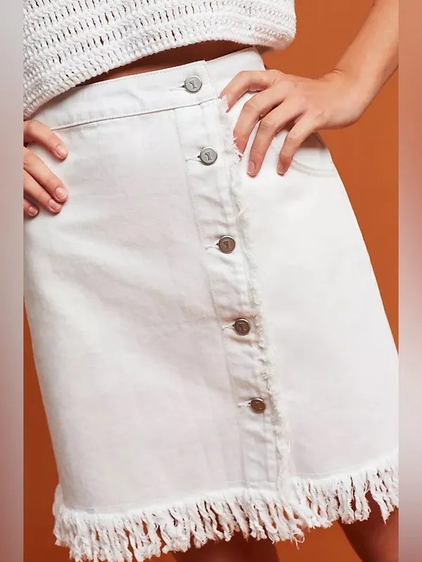 Anthropologie / Pilcro | Denim Fringe Skirt, White, 6P - Image 2