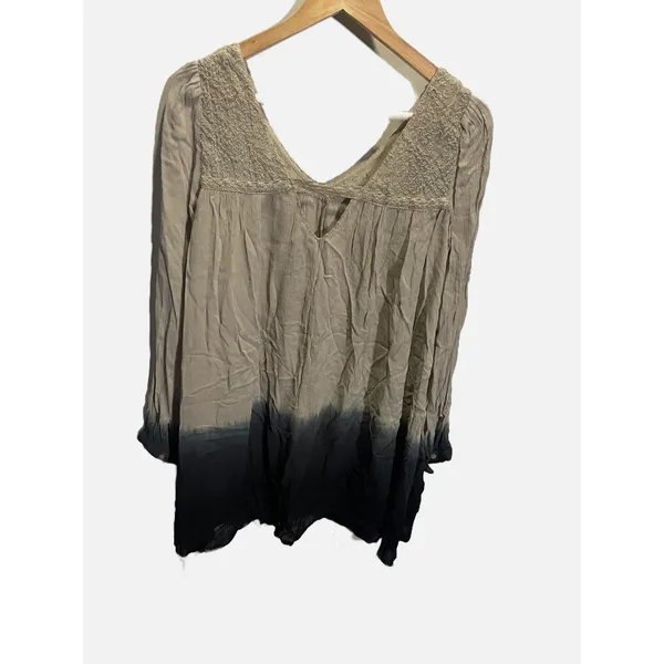 Free‎ People Tunic Top Womens XS Taupe Black Ombre Lace Boho Embroidered Blouse - Image 3