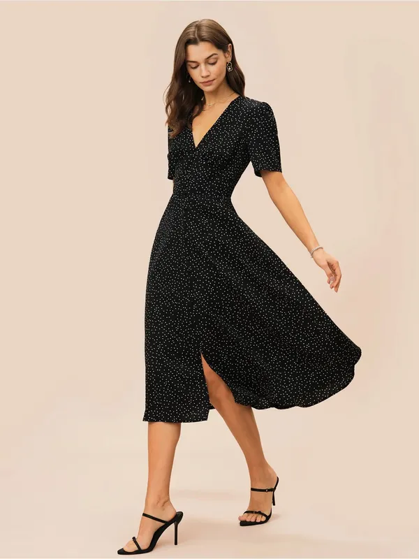Rihoas Black V Neck Polka Dot Midi Dress - Image 5