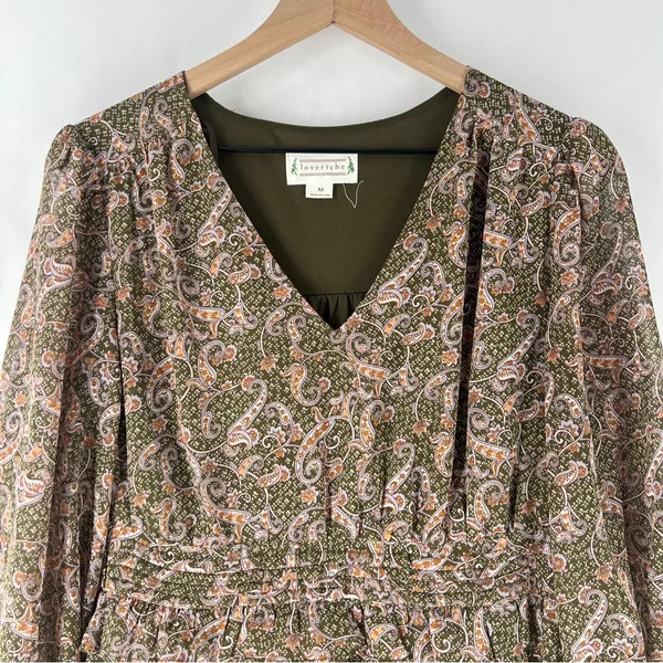 Love Riche Chiffon Olive Paisley Ruffle Long Sleeve Peasant Tiered Maxi‎ Dress M - Image 3