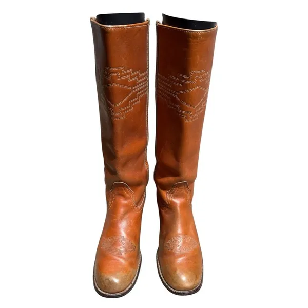 FRYE Campus Leather Boots AZTEC Embroidered Stitching Tan Women’s Size 7 - Image 2