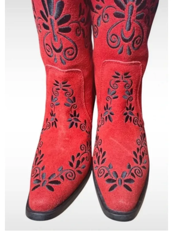 RARE Agave Sky Red Suede Embroidered Floral Western Cowgirl Boots Sz 6 Charro! - Image 5