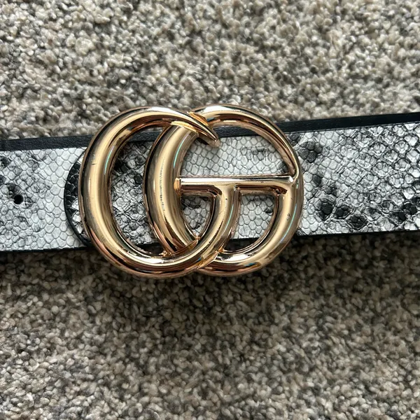 Gold Double-Ring Snake Print Women's Waist Belt - Black & Gray - Image 2