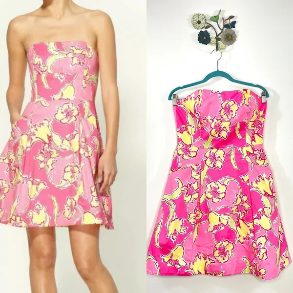 Lilly Pulitzer Day Lilly Hotty Pink Day Dress Pockets Strapless Size 6 A Line - Image 2