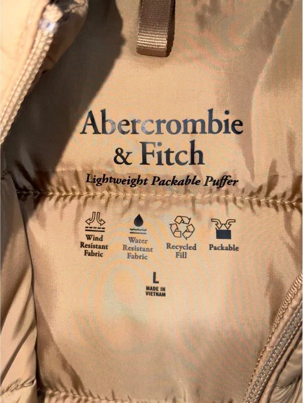 Abercrombie & Fitch Lightweight Packable Puffer Jacket Women’s Large Tan Hooded - Image 5