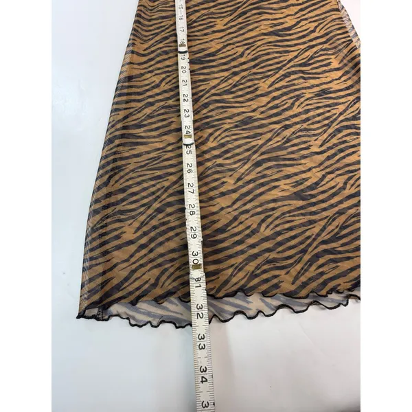 Brown Tiger Stripe Mesh Mock Neck Long Sleeve Lettuce Edge Mini Dress Womens - Image 3