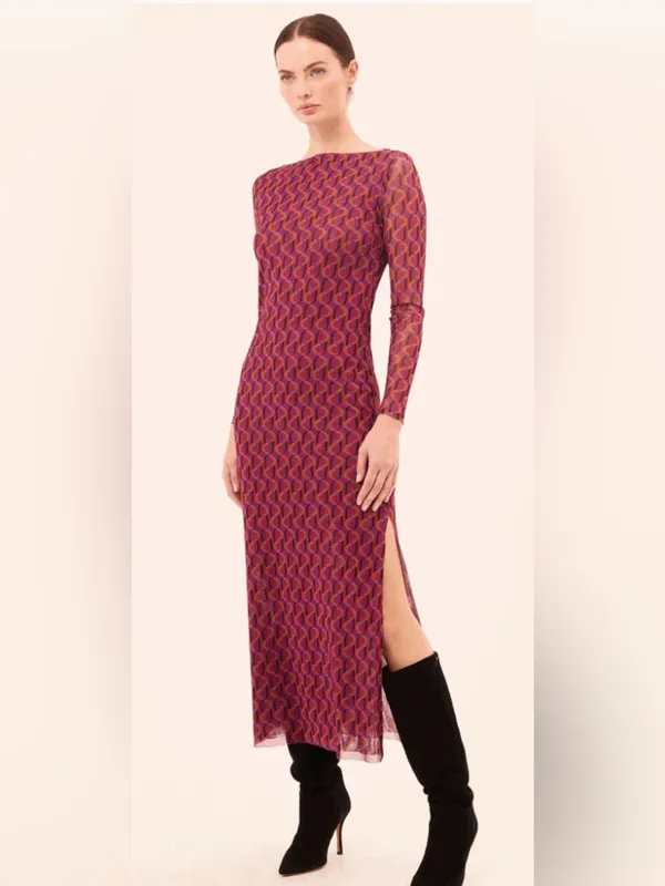 MISA Los Angeles MISA Vivian Geo Sixty Mesh Midi Dress M Retro 60’s Mod Bodycon Side Slit Autumn - Image 3